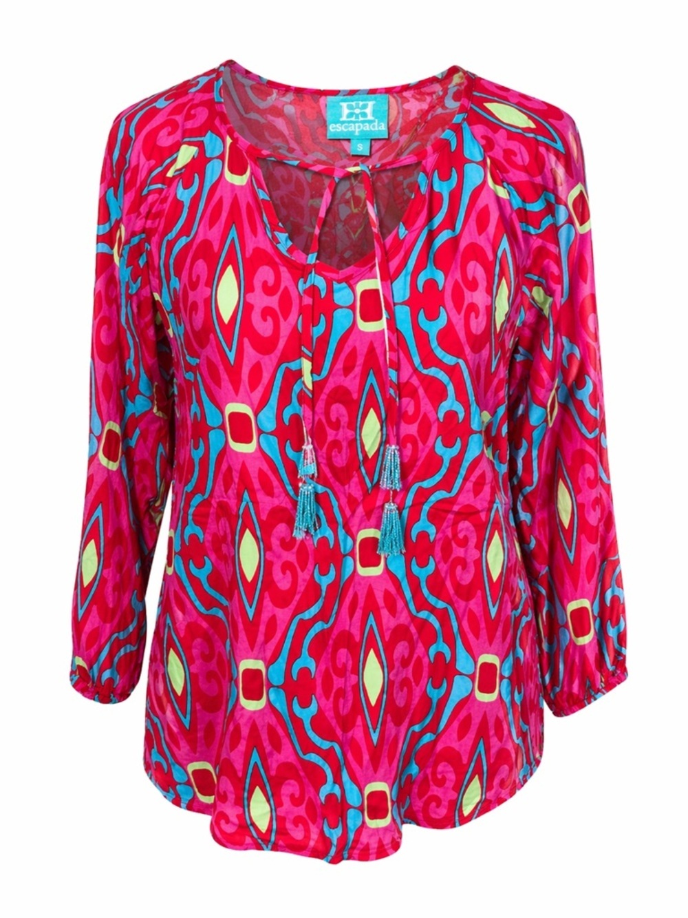 Escapada Pink Boho Blouse Y2K Psychedelic Coastal Cowgirl Tassel Top-Small